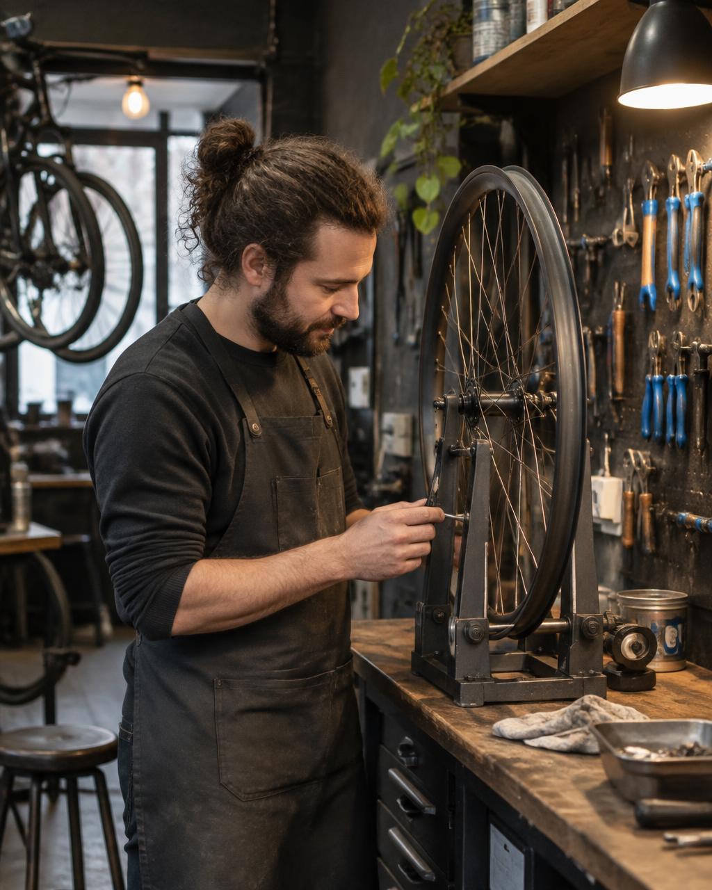 Mécanicien Vélo d’Auteur contrôlant une roue dans l’atelier