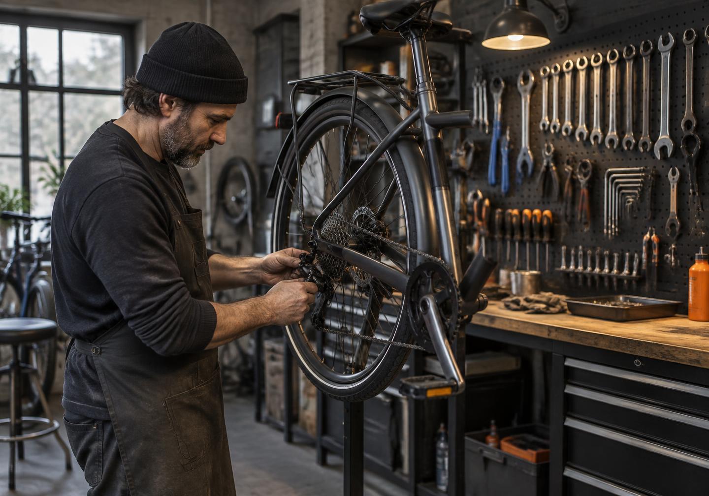 Mécanicien Vélo d’Auteur travaillant sur la transmission d’un vélo dans l’atelier